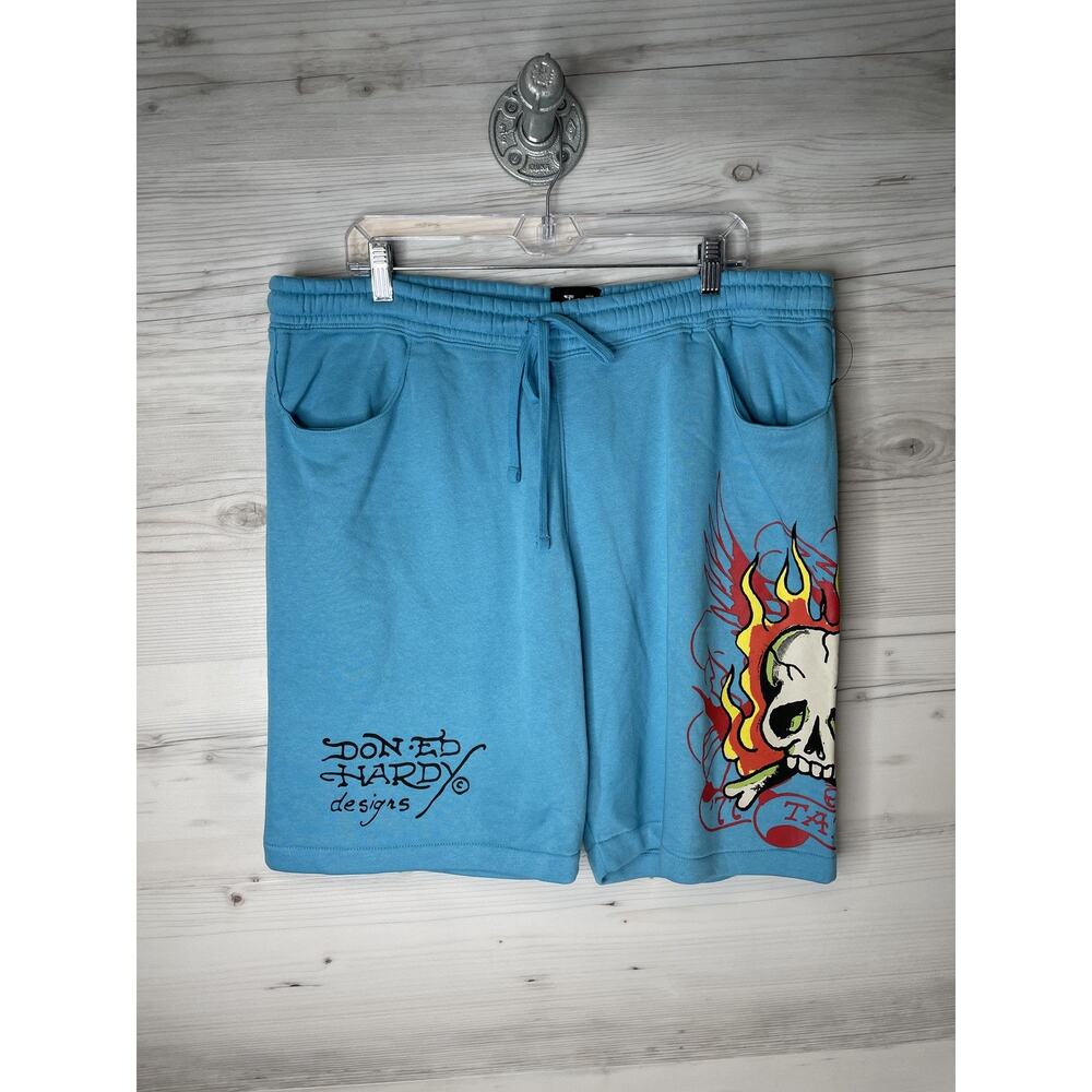 Ed Hardy Shorts Mens 38 XL Blue Skull Tattoo Graphic Sweat Elastic Waist Pockets